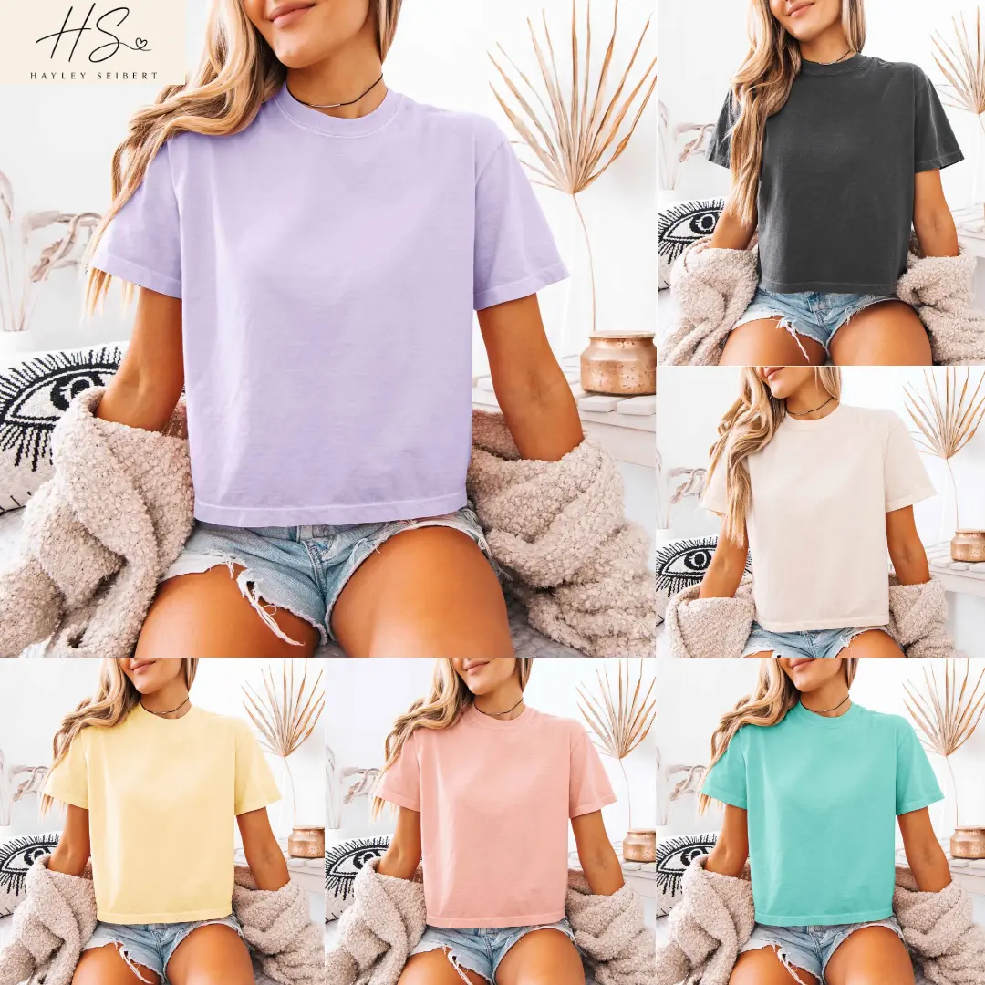 Comfort Colors Women's Boxy Crop Top T Shirt, Plain Solid Color Cropped Tee, Casual Summer Basic Short Sleeve Relaxed Fit Everyday Top