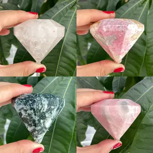 【Crystal Bliss Shop】Hand-Carved Moss Agate/Peruvian Rhodonite/clear quartz/pink opal Diamond Display - Crystal Home Decor