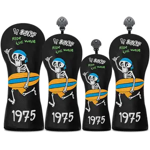 Surfing Skull Golf Club Cover Set, Golf Accessory, Fashionable 4-Piece Golf Head Covers for Drivers & Hybrids, Perfect Gift for Golfers & Halloween Fans