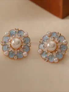 French Style Blue Enamel Flower Earrings Vintage Pearl Drops Elegant Minimalist Dainty Women Jewelry