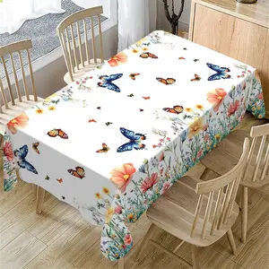 Rectangular Tablecloth Spring Summer Watercolor Flower Butterfly Pattern, Kitchen Decor, Wedding Party Garden Outdoor Picnic Cloth