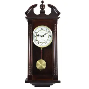 212 MAIN Bedford Traditional Wood Chiming Wall Clock, 27.5 in. with Swinging Pendulum, Cherry Oak Finish, Golden Accents, Chime Sound, Home Decor Gift