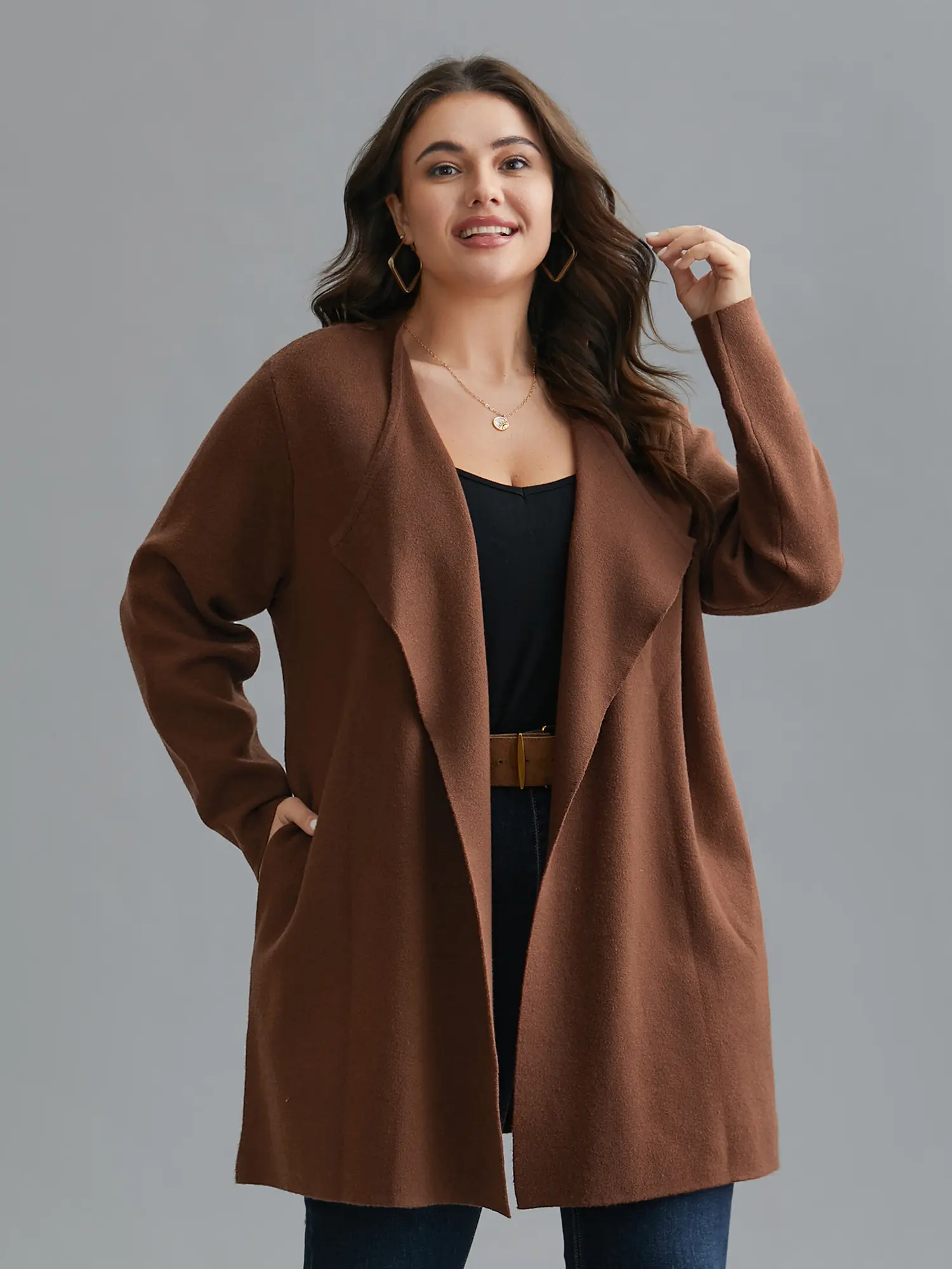 Women's Plus Size Leisure Cardigan, Butter-Soft Open Front Knit Tunic with a Lapel Collar and Pockets in Brown Coffee, Fabric, Knitting