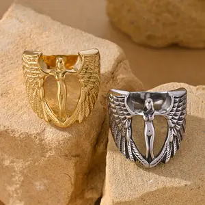 Angel wing ring, vintage hip-hop charm stainless steel ring, trendy and cool men's and women's accessories, gift ring accessories