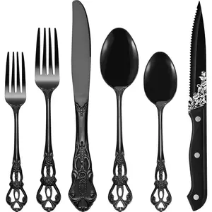 Retro Royal Black 48 count Flatware Set, Gorgeous Black Silverware Set For 8, Anti-rust Stainless Steel dark Cutlery Set Utensils Including Fork Spoon and