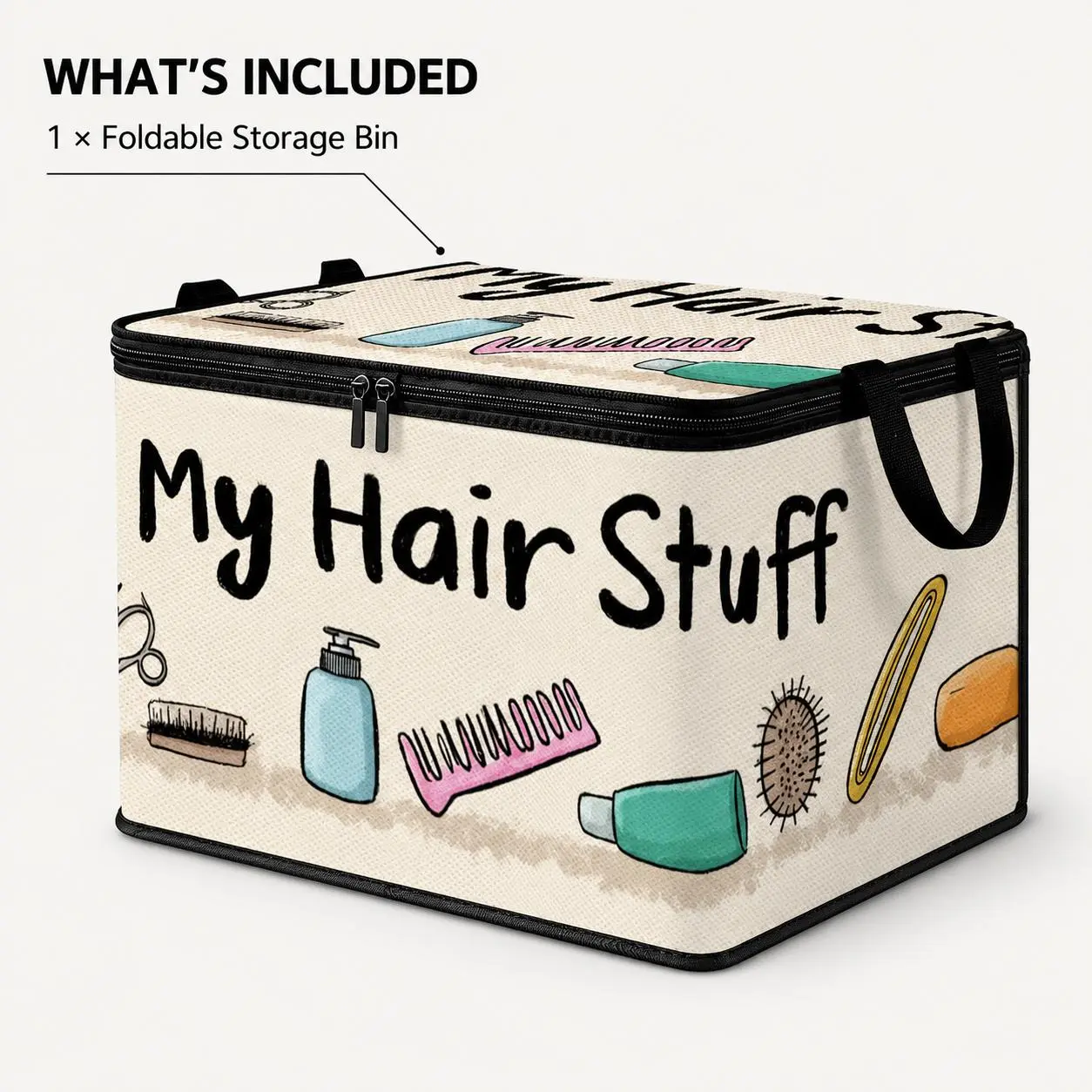 oldable Hair Tool Storage Box with Zippered Lid and Carry Handles, Large Collapsible Organizer Bin for Hair Dryer, Brushes, Accessories, Books and Bedroom Storage Decorative Print