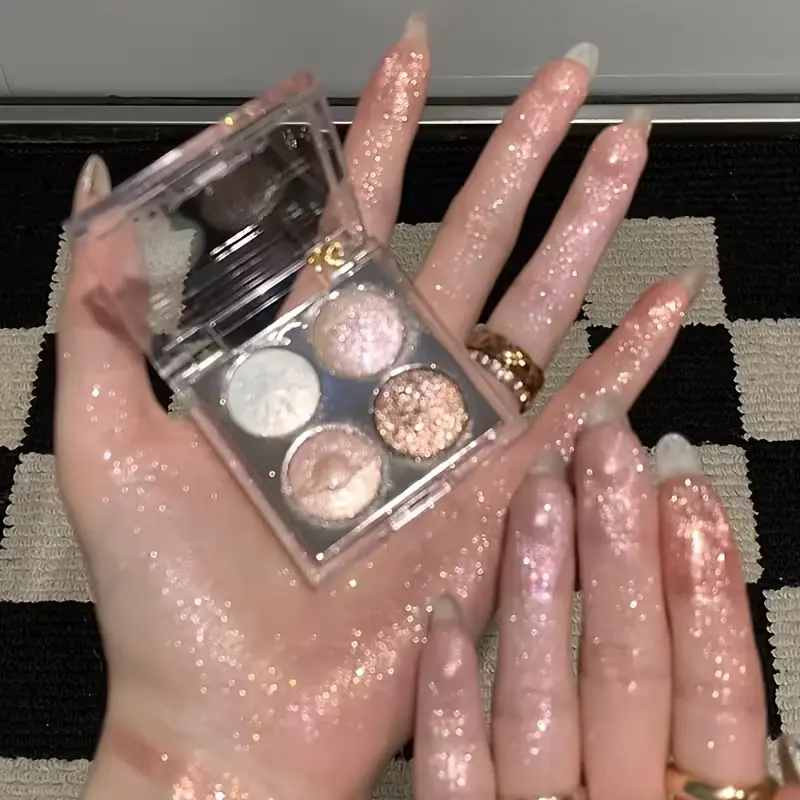 4-Color Highlighter Eyeshadow Quad Palette Starry Night | Shimmering Pearlescent Glitter Finish in Brown, Golden, Purple & Nude Tones, Long-Lasting, Waterproof, Reducing, Portable with Mirror for On-the-Go Makeup, Travel Friendly Cosmetics