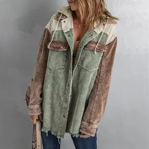 Autumn and Winter New Color Matching Button-up Hooded Corduroy Single-breasted Long-sleeved Jacket for Women