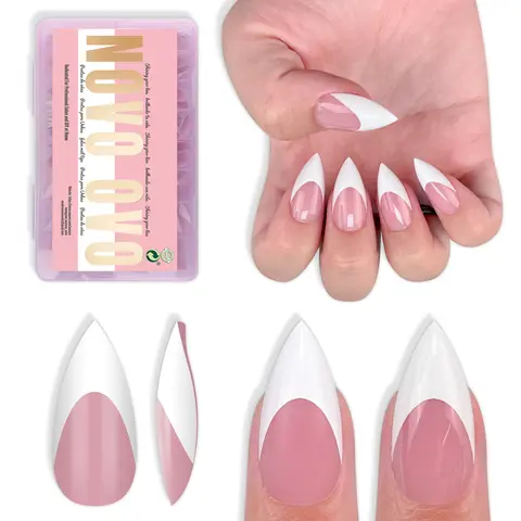NOVO OVO Short Press on Nails - 16 Sizes Sharp Stiletto White French Tip, Berry Pink PMMA Extra Thick Soft Gel Acrylic, 1.5x Stronger Full Cover Extension, Easy Nail Art Tips Set & Accessories (160Pcs) for Salon DIY