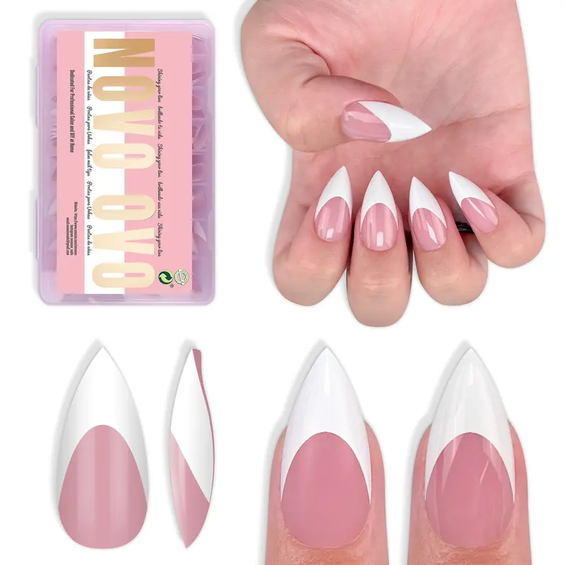 NOVO OVO Short Press on Nails - 16 Sizes Sharp Stiletto White French Tip, Berry Pink PMMA Extra Thick Soft Gel Acrylic, 1.5x Stronger Full Cover Extension, Easy Nail Art Tips Set & Accessories (160Pcs) for Salon DIY