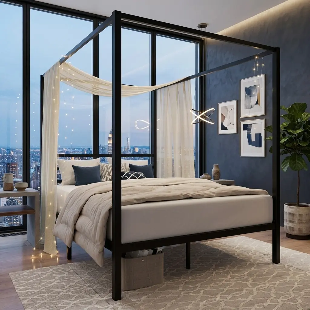 Queen Size Black Metal 4-Post Canopy Bed Frame - Customizable Design, Durable Load-Bearing, Noise-Free Mattress Foundation, No Box Spring Needed, Easy Setup, Underbed Space, Space-Saving Solutions, Quick Independent Assembly, Modern Indoor Furniture