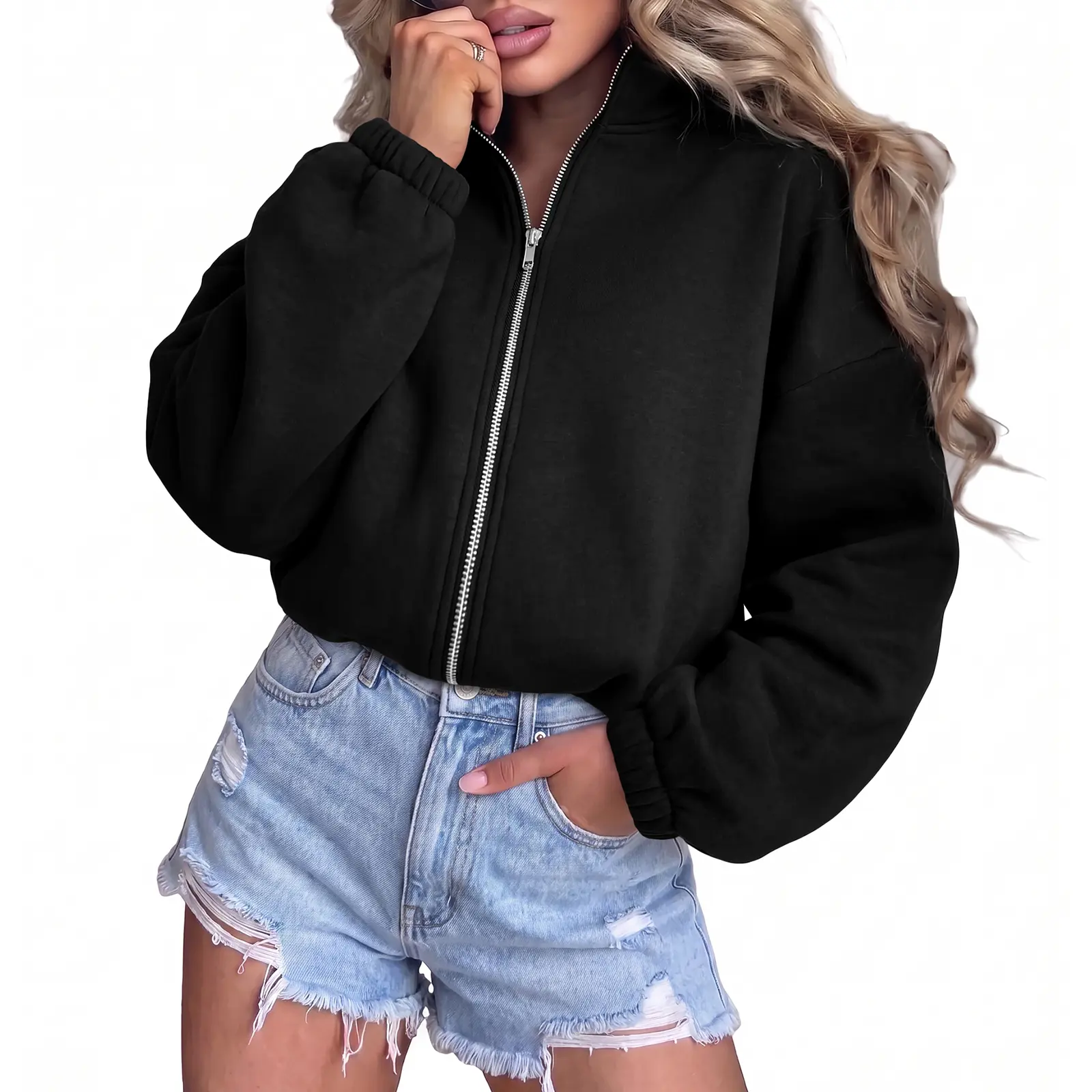 Aleumdr Women's Zip-Up Cropped Fleece Pullover Sweatshirt - Stand Neck, Long Sleeve, Loose-Fitting Athleisure Top, Polyester-Cotton Blend, Machine Washable Active Wear, Lazy Outfit