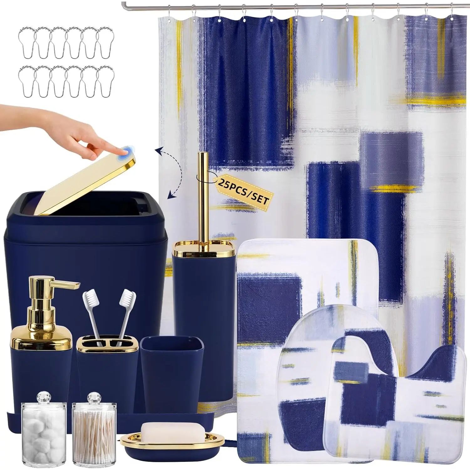 Bathroom Accessories Set - 25 count Bathroom Set with Shower Curtain and Rugs, Blue Bathroom Set, Bathroom Accessory Set with Press- Lid Trash Can, Soap Dispenser and Qtip Holders