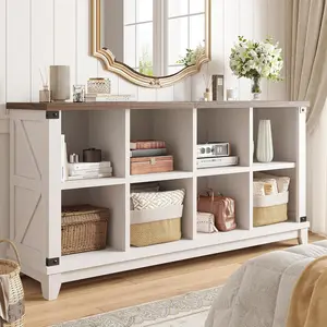 【Home Decor】Raybee 6-9 Cube Book Shelf, Farmhouse Wood Long Storage Organizer Bookcase, Space-Saving Storage Bookshelf & Bookcase, Modern Wide Console Closet Bookshelf, Display Cabinet Book Case TV Stand for Living Room for Living Room, Bedroom, Office