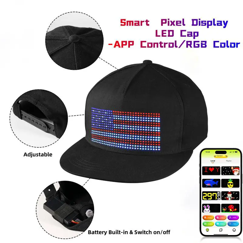 SCITOO LED hat, multilingual APP controls editing to light hats (words, music, images, paintings) used for Bluetooth fashion black (full color display) LED screen in party clubs,fathers day gift ideas,4th of july decor Diy mens hats USA