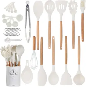 34-Piece White Kitchen Silicone Cookware Set with 10 Hooks Egg Beaters Food Holders Spoons Cooking Tools for Nonstick Cookware Heat-Resistant Non-Scratch Silicone Sturdy Stainless Steel Core Easy to Clean Organize Perfect Gift for Home Chefs