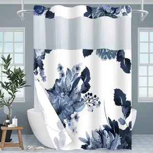 No Hook Shower Curtain with Snap in Liner Set, Blue Floral and White Modern Hotel Style Fabric Inner Liner for Bathroom, 71x74 Inches