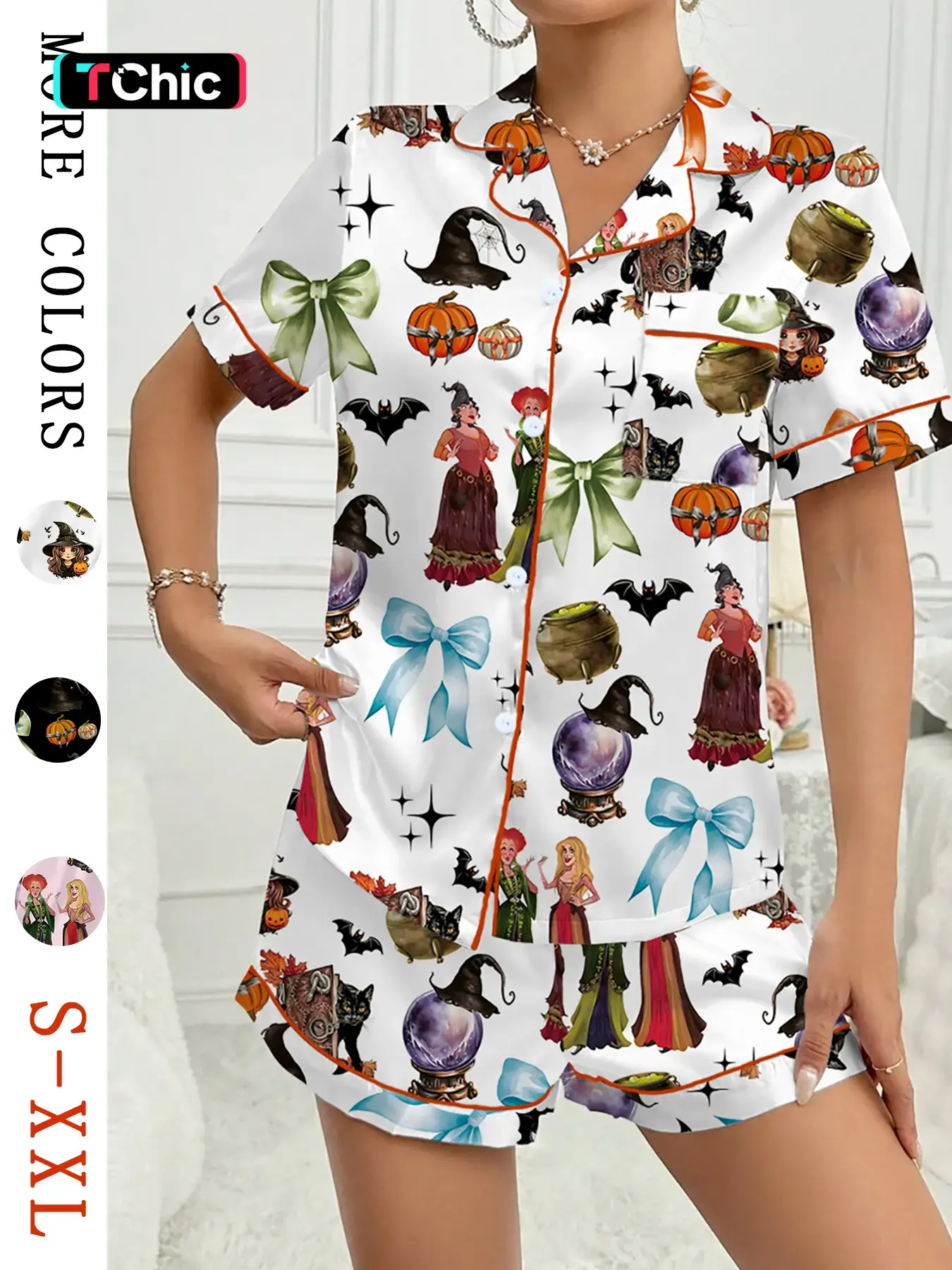 【Halloween】 Pumpkin & Bat Print Short Sleeve Fitted Women's Pajama Set Pjs, Knitted Fabric Sleepwear, Comfortable Elastic Casual Sleepwear and Loungewear for Halloween, Perfect for Sleep and Leisure