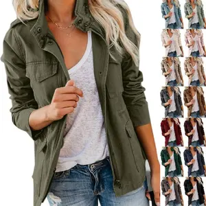 Women Military Anorak Jackets Zip Up Snap Buttons Parka Safari Utility Coats Outwear with Pocket