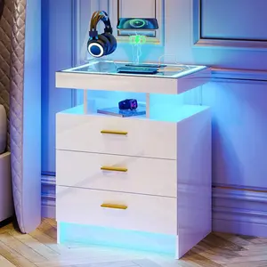 White LED Nightstand with Charging Station USB Ports, High Gloss 3 Drawer Bedside Table, Modern Auto Lighted Night Stand End Table for Bedroom