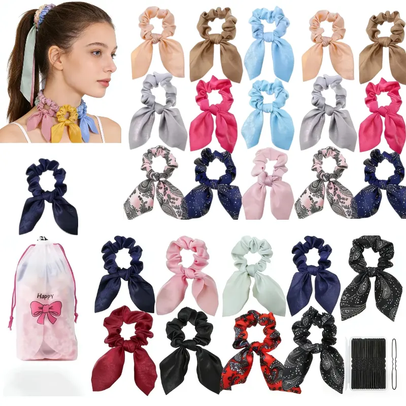 25Pcs Satin Scrunchies for Thick Hair with Hair Pins, Hair Ties with Bow for Women's Hair, Bunny Ear Scrunchies, Hair Accessories for, Scrunchies Solid Warm Colors