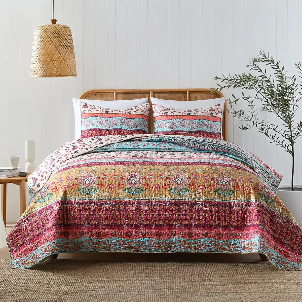 3-Piece Full Size Reversible Boho Floral Strip Quilt Bedding Set - Soft, Lightweight All Seasons Bedspread Coverlet with 2 Matching Pillow Shams
