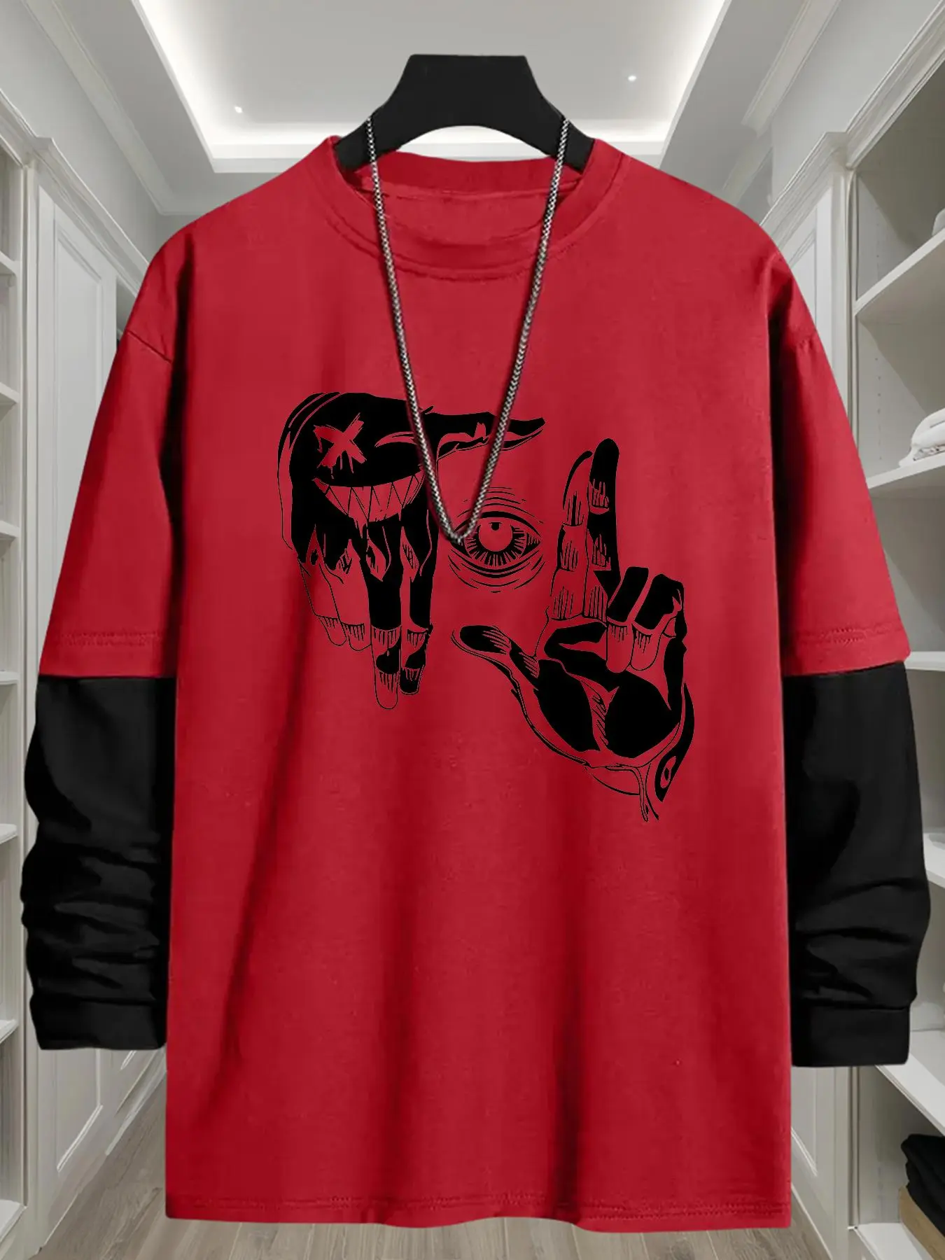 Men's Hand & Eye Print Round Neck Tee, Fashion Casual Loose Long Sleeve T-shirt for Daily Wear, Casual Streetwear Top, Casual Graphic Top, Casual Style Tee, Men's Top for All Seasons