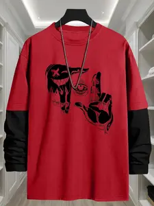 Men's Hand & Eye Print Round Neck Tee, Fashion Casual Loose Long Sleeve T-shirt for Daily Wear, Casual Streetwear Top, Casual Style Tee, Men's Top for All Seasons