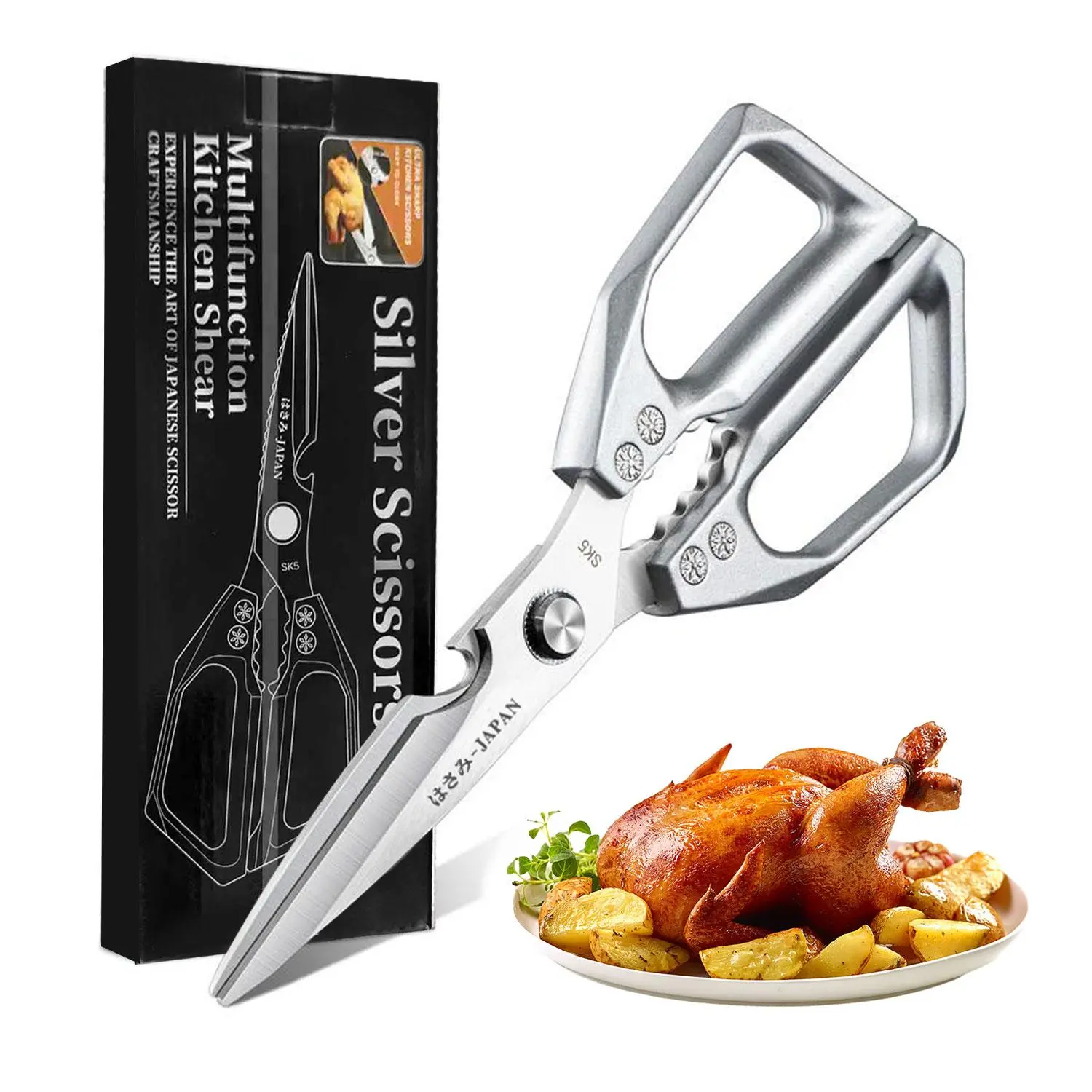 Kitchen Scissors All Purpose -FallFreshness- Stainless Steel Kitchen Shears, Sharp Silver Meat Scissors, Dishwasher Safe, Poultry Shears, Japanese Cooking Scissors for Food, Chicken Bones, and Turkey, Christmas Gift