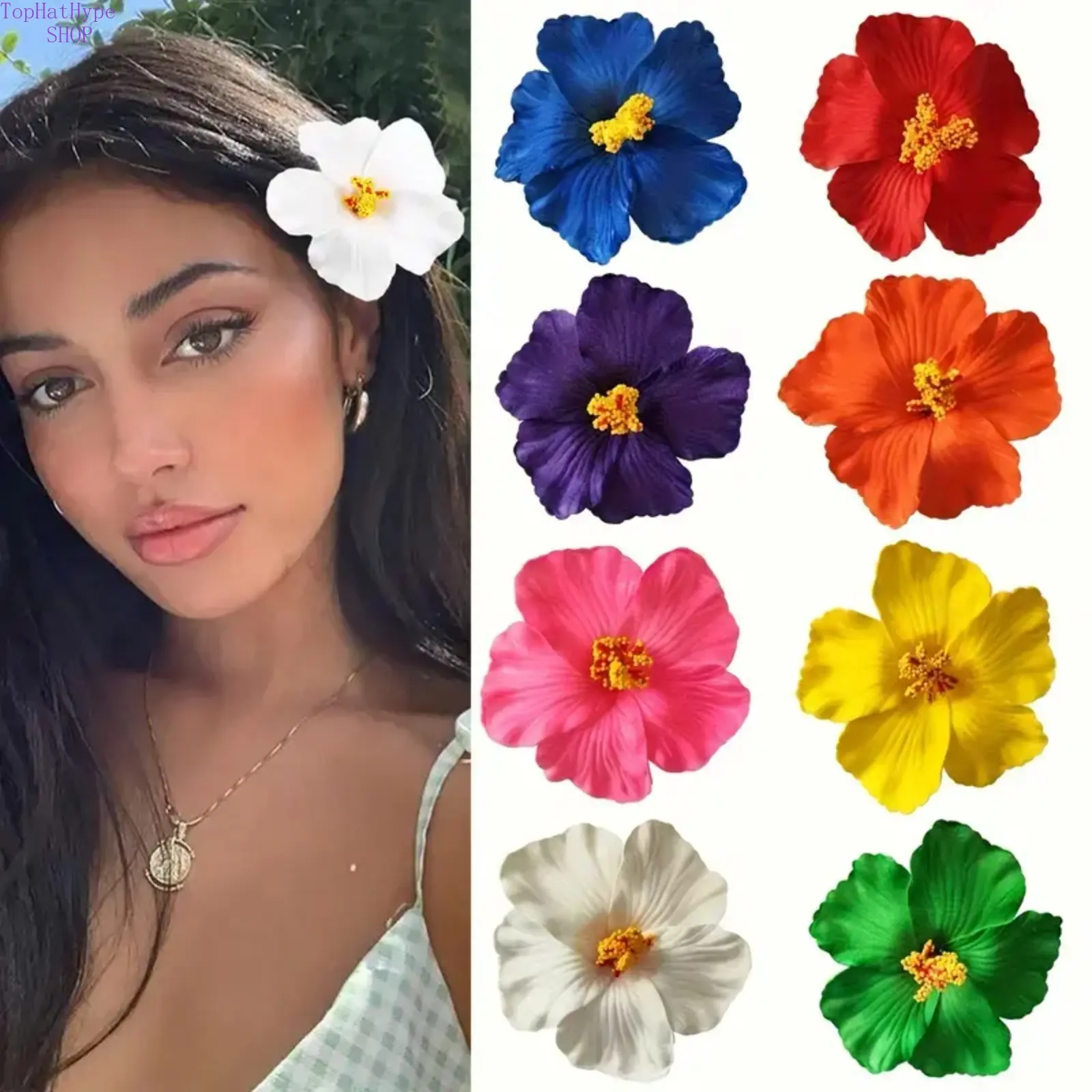 Boho Hawaii Hibiscus Flower Claw Clip, Elegant Synthetic Hair Accessory for Women & Girls, Minimalist Floral Headwear, Strong Hold for Thick Hair, Cute Hijab Hair Clip, Beach Vacation & Daily Styling Hair Barrette