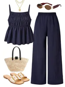 Casual Wrinkled Texture Tank Top & Wide Leg Pants Set, Perfect for Daily Wear, Vacation, Sister Photos, Spring Summer Clothing, Womenswear