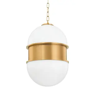 Large Broomley Pendant Light With Vintage Brass Finish And Opal White Glass Shade