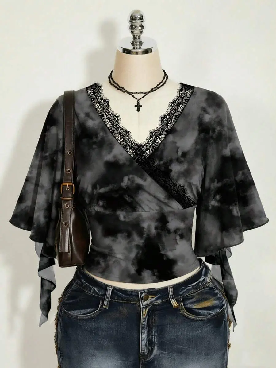 HANNA x  ICON Plus Size Women Black Contrast Lace Ruffle Sleeve T-Shirt Club Night Summer Gothic Graphic