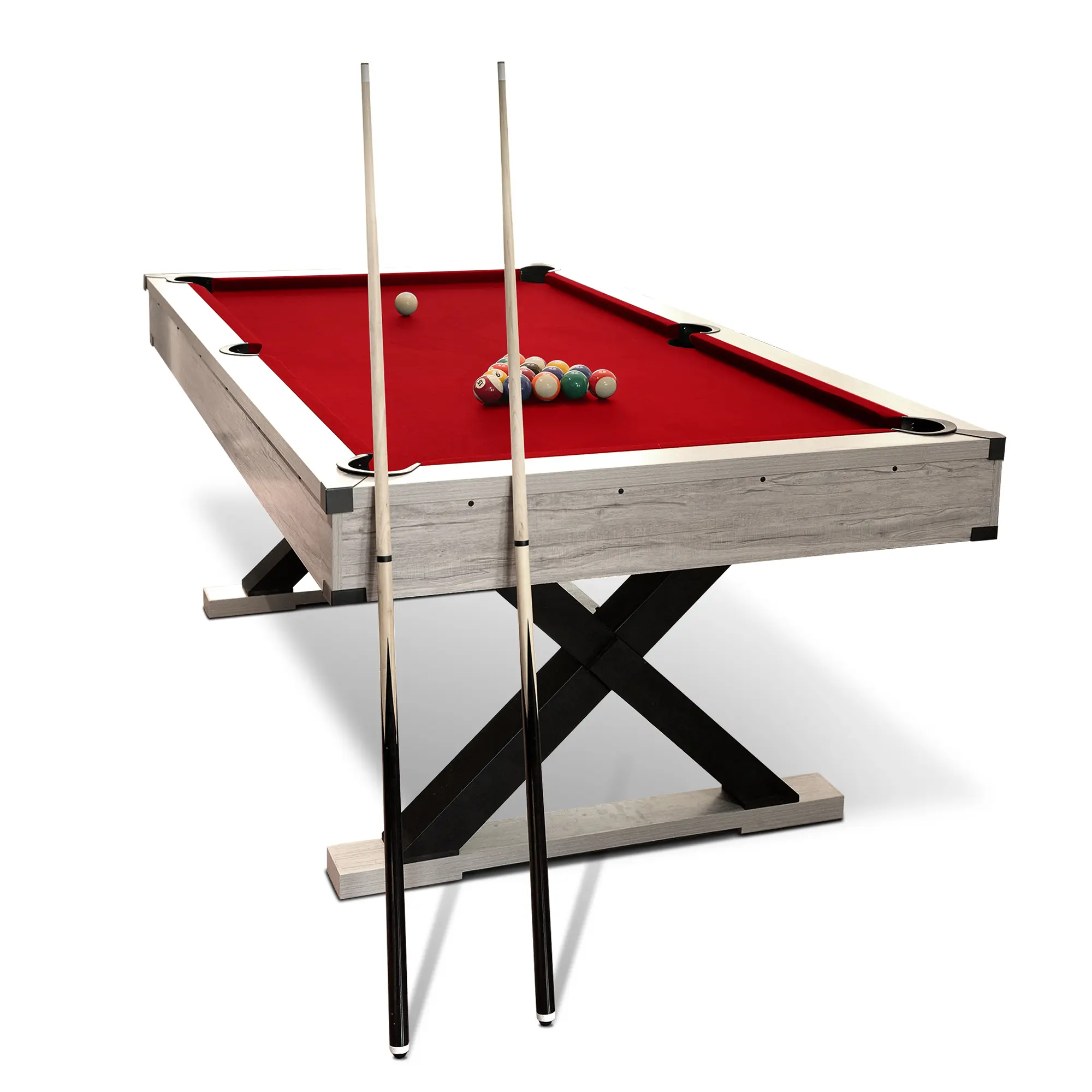 84" Pool Table 7FT Billiard Table with x-Leg Design - Includes 2 Cue Sticks, Balls, Triangle, Chalk & Brush - x-Leg Industrial Design for Game Room, Basement, Office, Apartment
