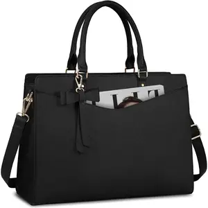 Laptop Bag for Women 15.6 Inch PU Tote Bag Business Office Work Bag Waterproof Briefcase Computer Tote Lightweight Handbag Shoulder, Black