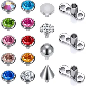 14/15count Cubic Zirconia Dermal Anchor Tops 2mm 3mm 4mm, 14G Surgical Steel Internally Threaded Dermal Anchor Base Microdermals Piercing for Women Men