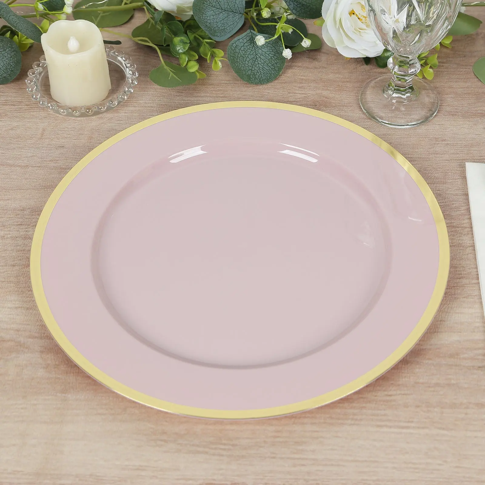 10-Pack Economy Plastic Charger Plates 12" Round Blush with Wide Gold Rim - Dinner Party Serving Plates