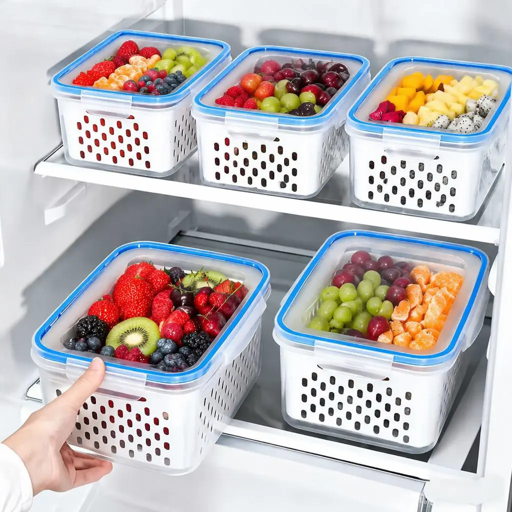 18/9/6-Piece Food-Grade Drainage Baskets – Airtight Fridge Storage Containers with Lid & Drain Basket, Perfect for Keeping Fruits & Vegetables Fresh Longer! Space-saving nestable design.