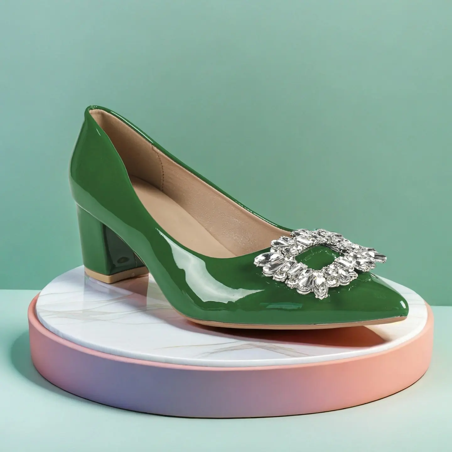 Elegant and comfortable square heel women's single shoes pointed toe square buckle rhinestone mid-heel high heel professional women's shoes