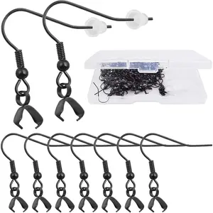 50pcs Black Pendant Clasp Earring Fish Hooks Stainless Steel Ear Wire Buckle Dangle Earrings with 50pcs Clear Earring Backs and a Box for DIY Jewelry Making