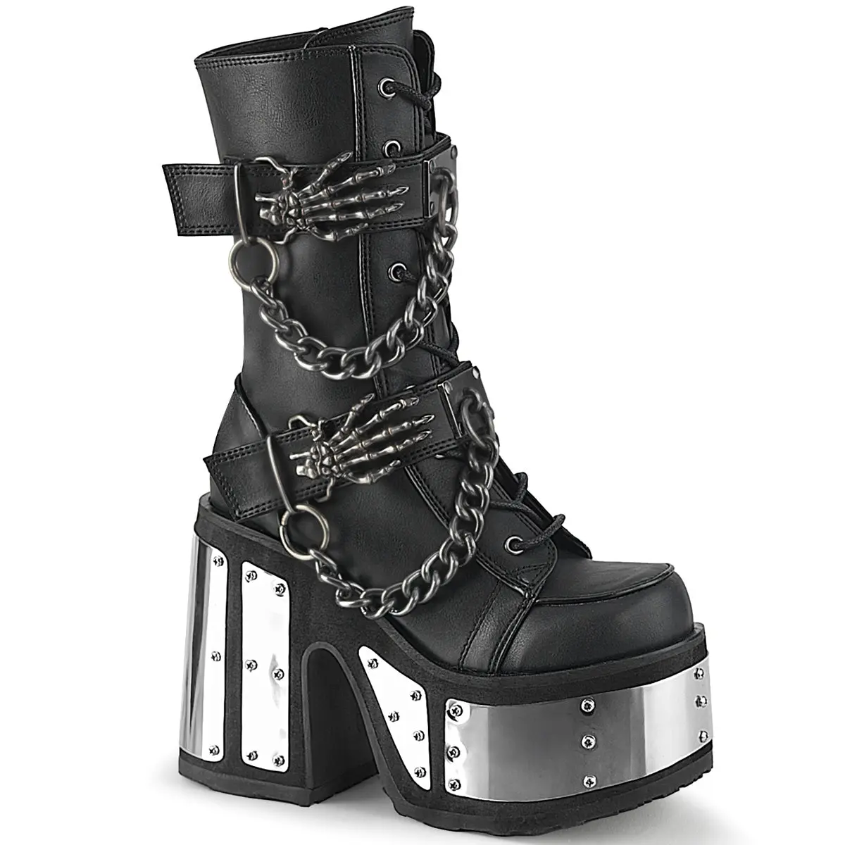 Demonia Camel-120 Black Vegan Leather Calf High Boots