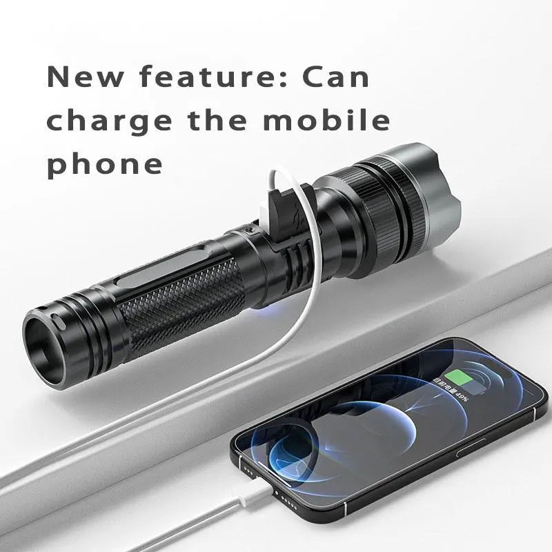 Qawtor Rechargeable LED Tactical Torch, Super Bright Zoomable USB Flashlight with 1800mAh Power Bank Function for Camping, Emergency Use