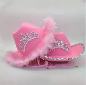 Light Up Pink cowboy hat wirh rhinestone star and feather Boa hats for