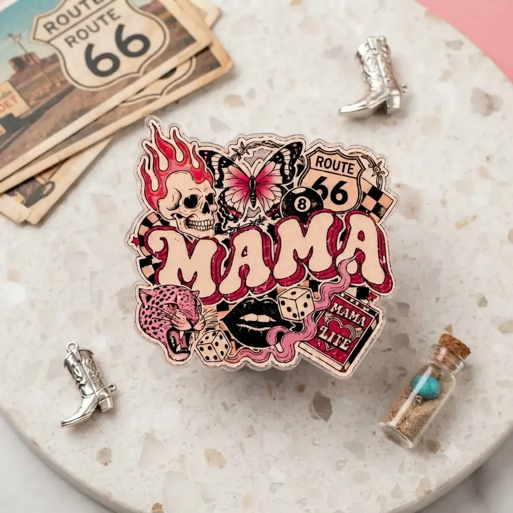 Retro Mama Magnetic Phone Grip, Pink Western MagSafe Phone Holder, Rockabilly Skull Butterfly Leopard Print Kindle Grip, Trendy Mom Gift