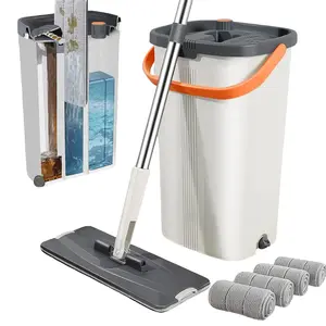 Flat Mop and Bucket with Wringer Set, 3-Chamber Design Separates Dirty and Clean Water, Wet and Dry Use, Hands Free Self Wringing Home Floor Wall Cleaning Mop, 4 Reusable Microfiber Mop Pads