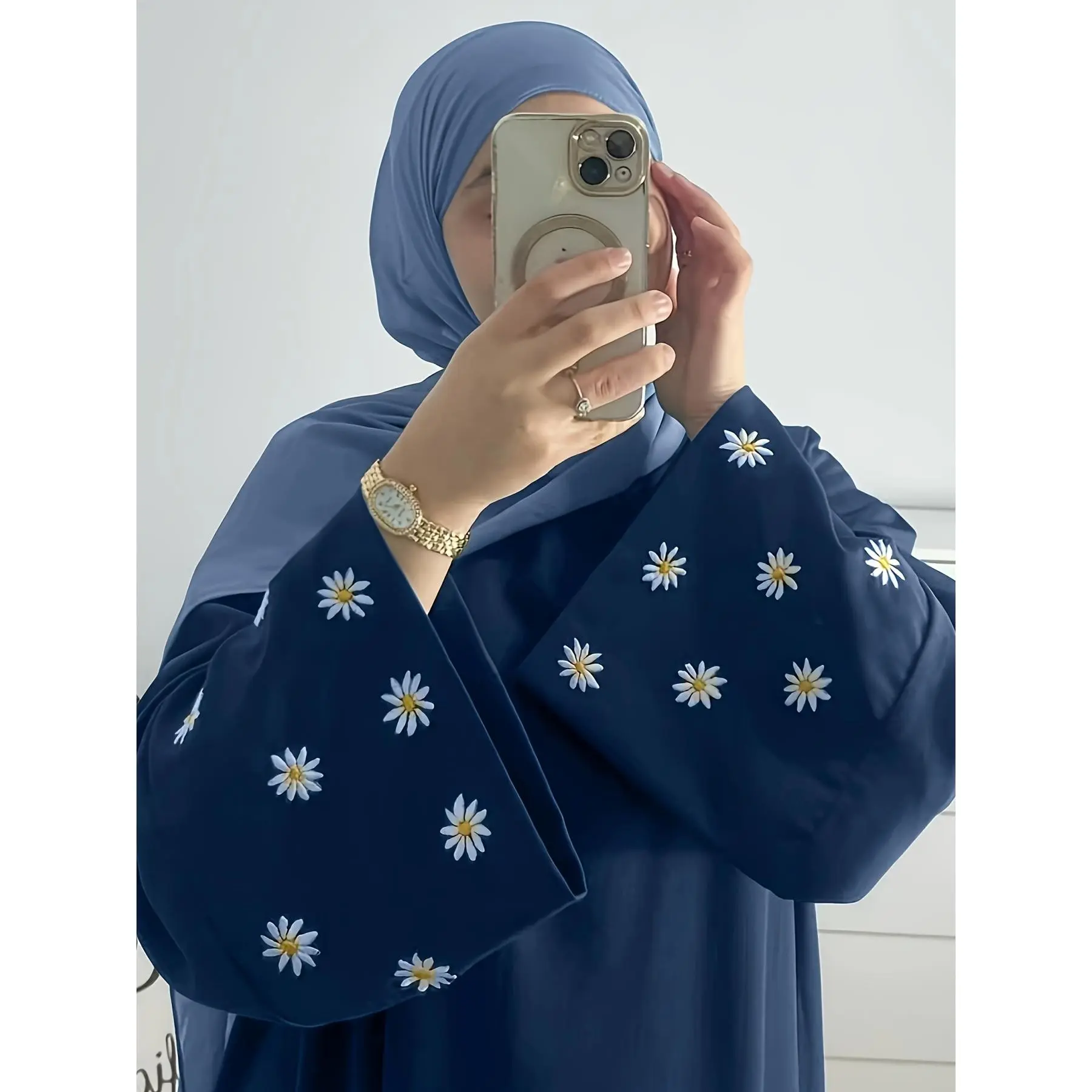 Women's Muslim Polyester Abaya Dress - 1pc Plain Solid Closed Maxi, Casual Daily Wear, Loose Comfortable, Embroidered Chrysanthemum Cuff Long Sleeves, No Scarf, Islamic Modest Hijabi Clothing