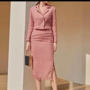 BUTTON FRONT RAW HEM TWEED SKIRT AND BLAZER , SMALL