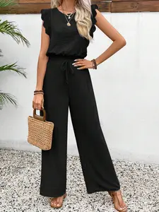 Two-piece women's solid color lace round neck fly sleeve sleeveless top high-waisted straight-leg drawstring loose wide-leg thin Lounge Set, Solid Pants Set, Casual loungewear set, suitable for summer, casual office commuting, home leisure, gatherings