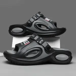 Men’s techwear chunky slides with thick sole, cloud sandals, non-slip adjustable strap slippers for indoor/outdoor/beach