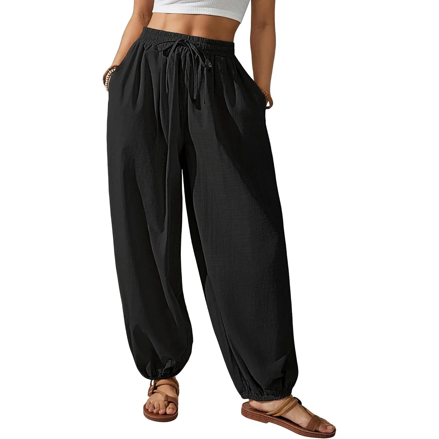Bsubseach Cotton Harem Pants Women Balloon Trouser Wide Leg Baggy Pants | Drawstring Elastic Waist Lantern Pants, Comfy Pajama, Yoya Joggers, Summer Beach Pants With Pockets, Lounge Casual Trousers